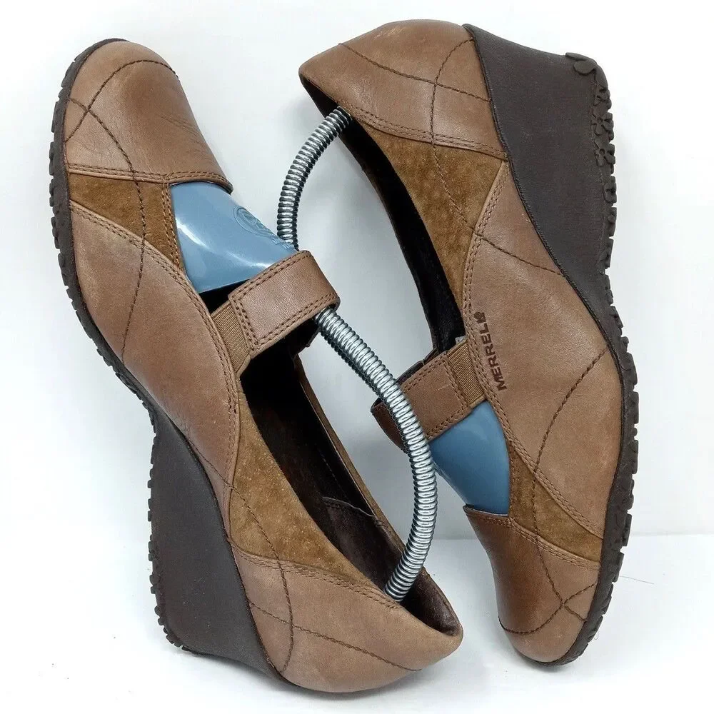 Merrell Mary Jane Wedges Womens Size 9.5 Brown Leather Shoes Vibram Sole